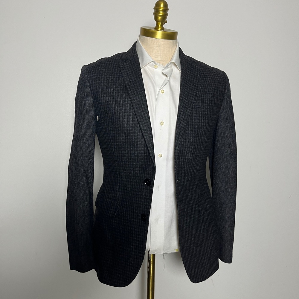 Express Blazer Mens 36S Grey Houndstooth Photographer Fitted Wool Blend Jacket